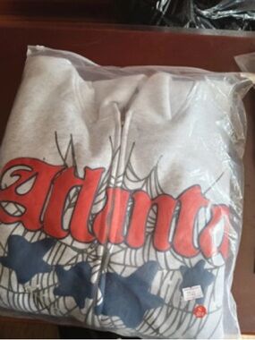 Gray Zip-Up Hoodie with Red Script Logo and Navy Graphic